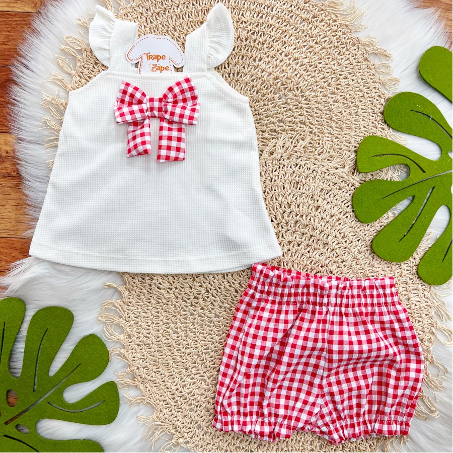 Conj. Regata com Laço e Short Xadrez - Vermelho e Off White